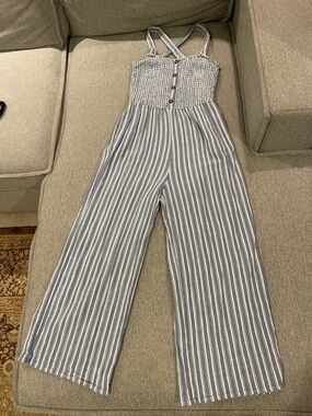Hollister Blue and White Striped Smocked Jumpsuit